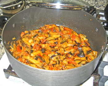 eggplant in pot, being cooked