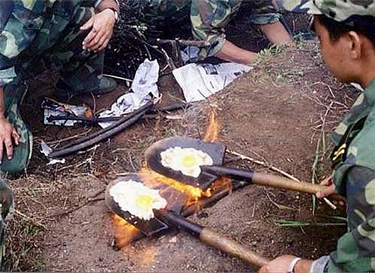 humorous picture of eggs frying on a spade